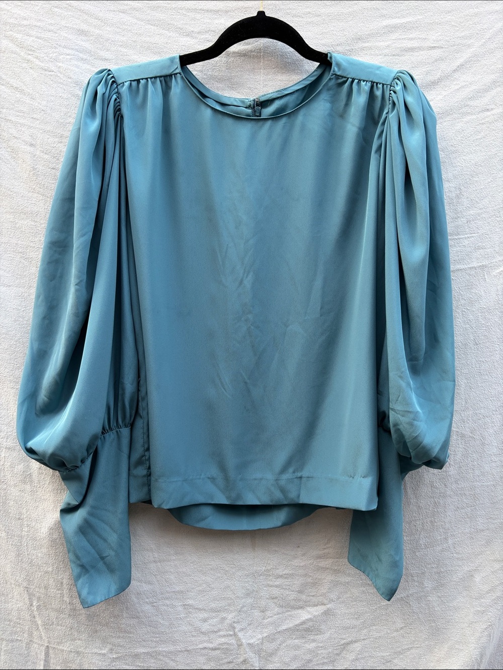 1970s Teal Silk Puff-Sleeve Blouse